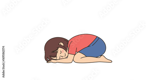 Cute cartoon girl practicing Balasana or Child's Pose, a restorative yoga posture for stress relief and mental calm
