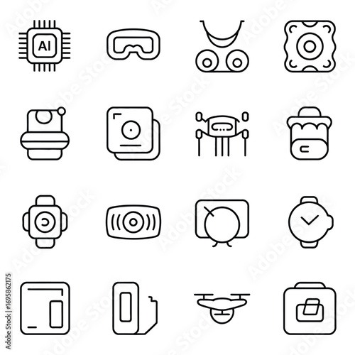 Technology icons chip goggles drone camera smartwatch