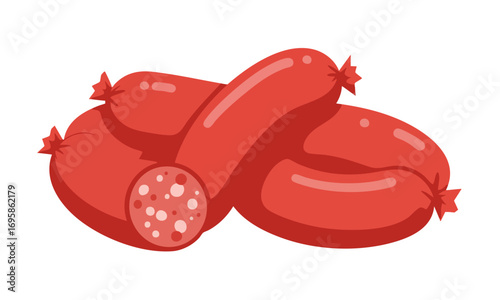 Illustration of several red sausages, one sliced to show the inside.
