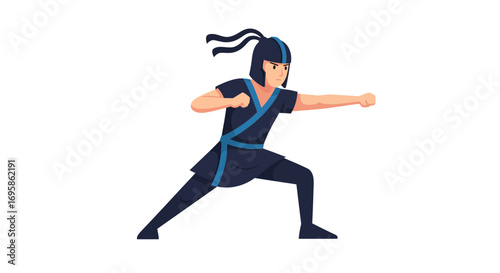 A cartoon ninja character in a dynamic fighting pose, demonstrating martial arts skill and discipline with a powerful punch. Vector illustration isolated on white