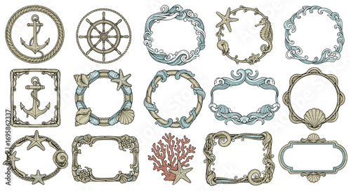 Collection of nautical themed decorative frames with sea elements art