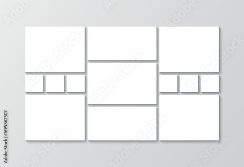 Scrapbook grid background. Portfolio images square layout. Photo collage mockup. Mood board gallery banner template. Mosaic moodboard picture frame. Album brandboard. Vector illustration