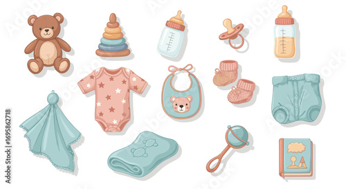 Illustration of baby accessories including toys clothes and essentials
