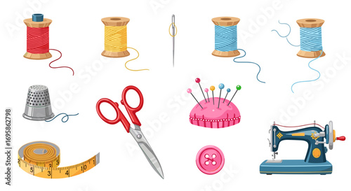 Illustration of various sewing tools including threads and a machine