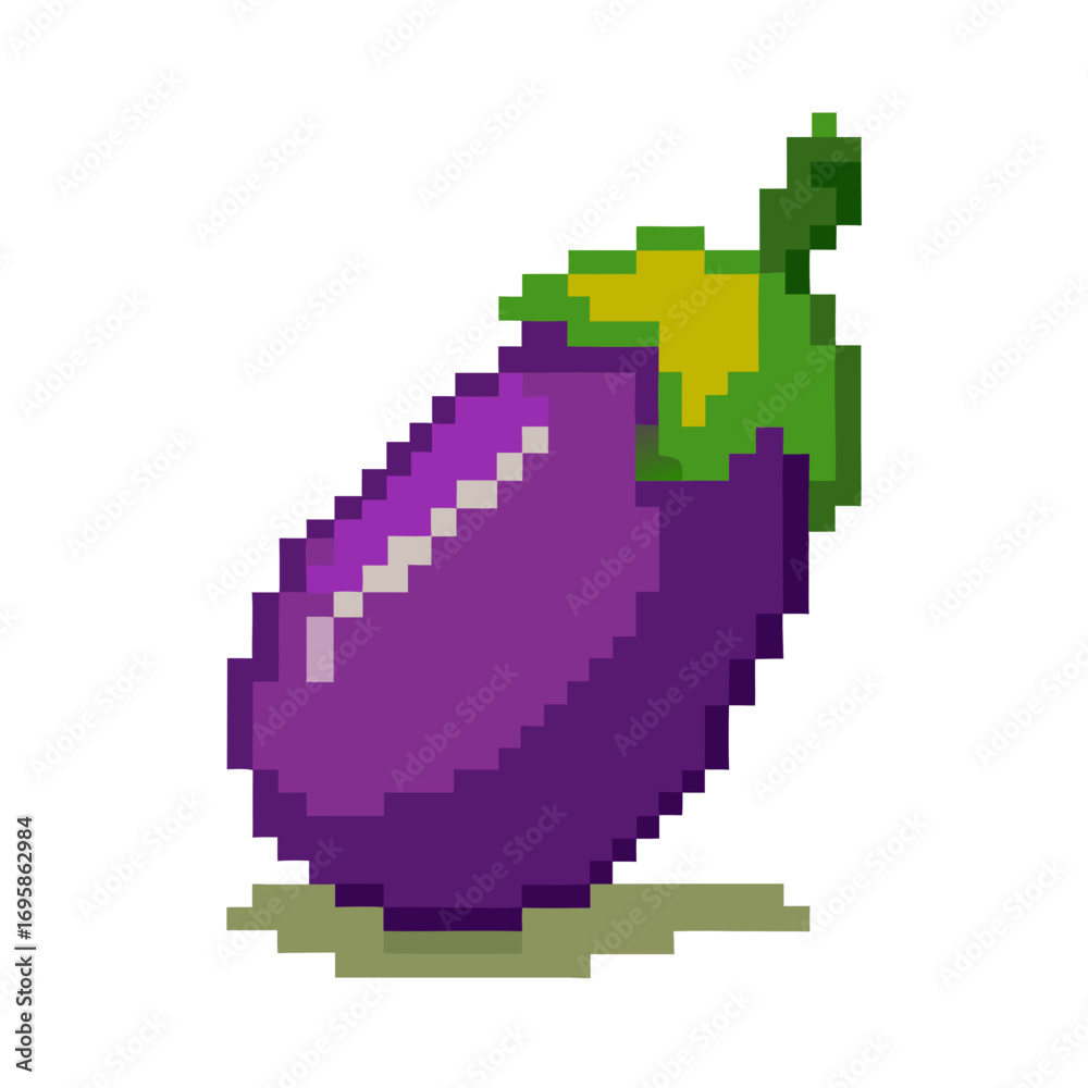 Fototapeta premium Simple pixel art aubergine illustration perfect for food blogs, recipe websites, or healthy eating projects, ready to use!