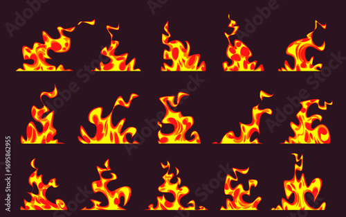 Anime fire background set with bright red and yellow flames on dark surface for game effects or animation. Various flame shapes and sizes with dynamic movement patterns. Stylized cartoon blazes