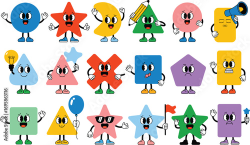 Collection of retro cartoon geometric shapes with happy faces and arms