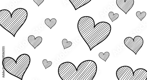 Drawn hearts with diagonal lines in a scattered pattern on white paper