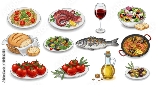 A collection of mediterranean dishes including seafood and fresh produce