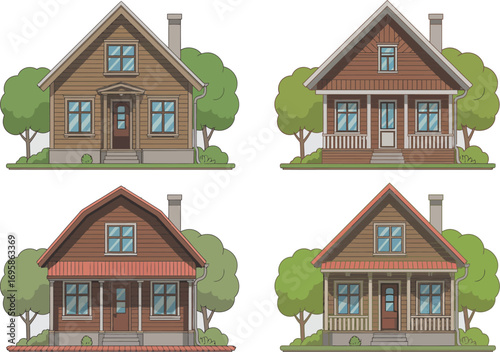 Four charming wooden houses with porches and trees in a quaint village setting