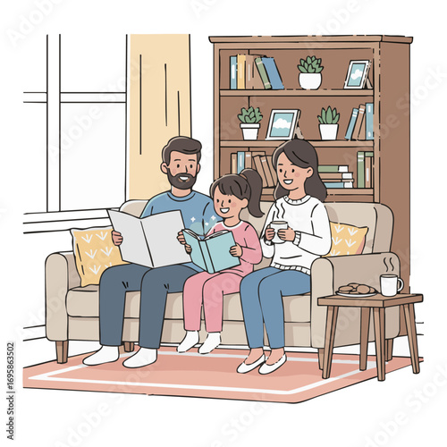  an image of a girl reading in the living room happily, with parents, illustration