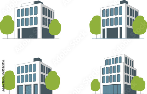 Modern office buildings with green trees in isometric perspective