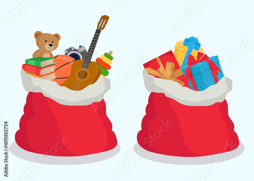 Santa Claus red bag full with colorful presents and toys for kids Merry Christmas