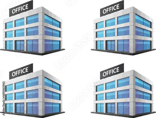 Modern office buildings with glass facades and signage isolated on white