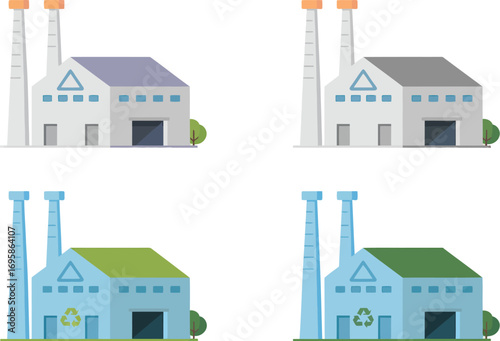 Four stylized pixel art industrial factory buildings with chimneys and green roofs