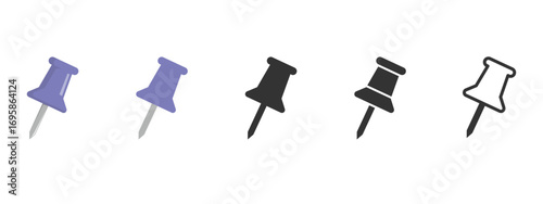 Set of vector push pins in purple, black, and outline styles. Thumbtack icons perfect for office stationery, corkboards, notes, reminders, maps, planners, and digital design projects