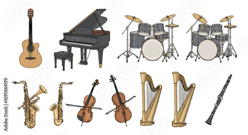 Illustration showcasing a diverse range of musical instruments together