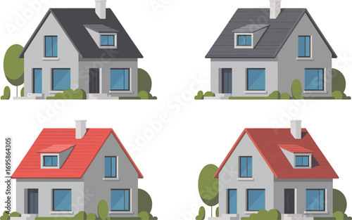 Four charming detached houses with different roof colors and green trees