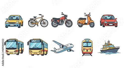 Illustration of various modes of transportation including cars and buses