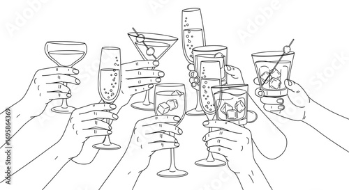 Hands raising glasses of various drinks in a celebratory toast moment