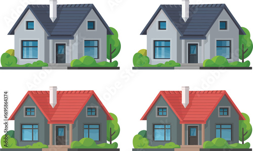 Four identical cartoon houses with different colored roofs and green landscaping