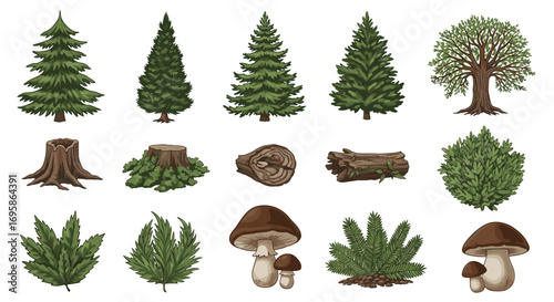 Collection of trees, stumps, logs, bushes and mushrooms in an array