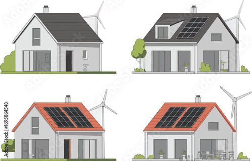 Four modern houses showcasing sustainable energy solutions with solar panels and wind turbines