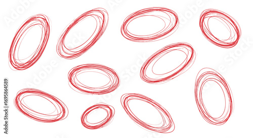A collection of red sketched ellipses scattered on a white background