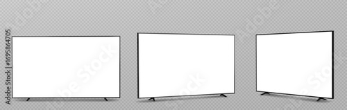 Screen tv mockup set with blank white displays and black frames on transparent background for presentation or media content. Modern flat television monitors with stands for digital advertising design.