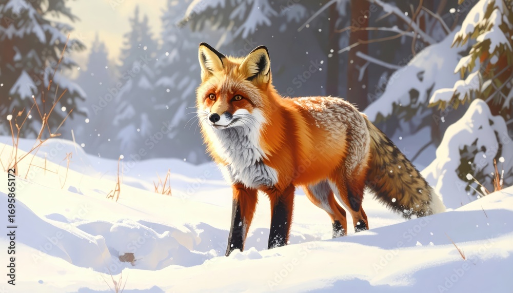 Fototapeta premium A vibrant red fox strolls through a snowy winter landscape, bathed in soft sunlight.