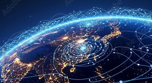 Digital earth with glowing city lights and network connections over asia region