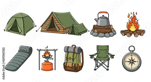 Illustration of camping equipment including tents fire and accessories
