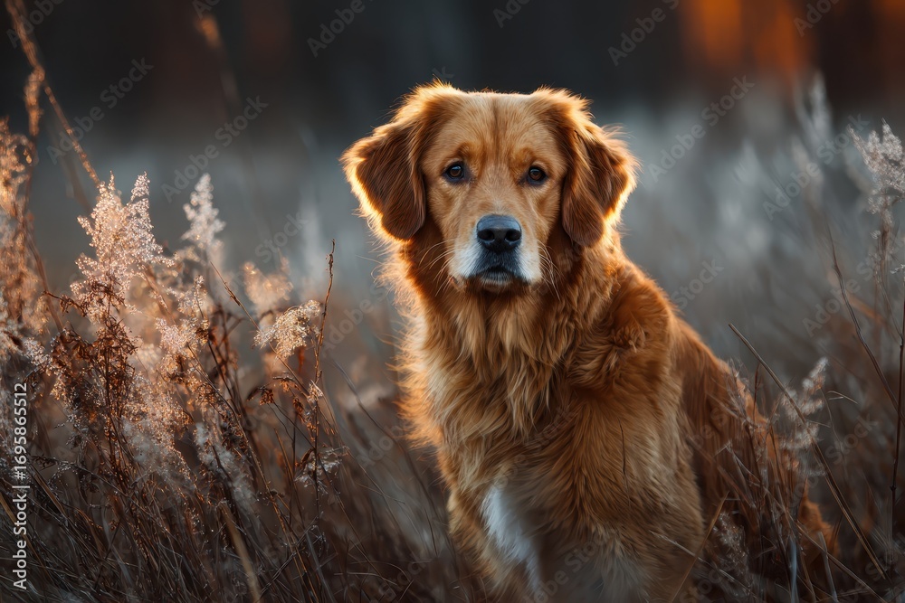 Obraz premium Golden retriever sits in a field, sunlight on his fur, looking forward. Use for pet product ads, nature scenes, or heartwarming stories.
