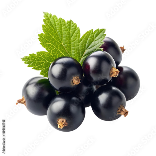 Fresh blackcurrants with green leaf on black background