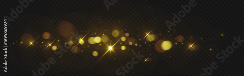 Golden light bokeh effect isolated on transparent background. Vector realistic illustration of yellow glitter particles shining, holiday confetti and fireworks flare, shiny Christmas miracle trail