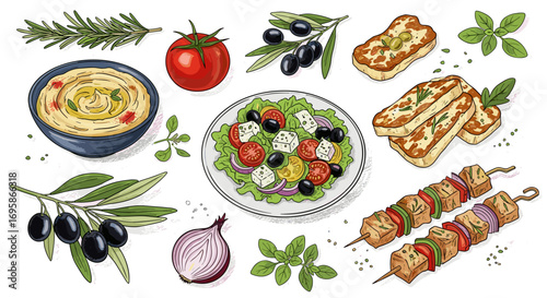 A colorful assortment of greek food including salad and grilled items