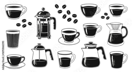 Illustration of various coffee brewing methods and coffee beans scattered