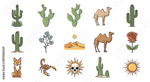 Illustration of desert flora and fauna including cacti and animals