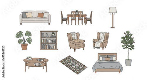 Illustration of living room furniture including sofa and dining set