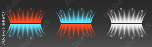 Glowing air streams with directional arrow indicators - red, blue and white on dark background for ventilation or cooling systems. Upward and downward movement visualization. HVAC circulation graphic.