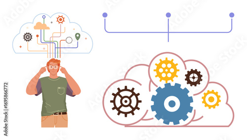Man concentrates beneath a digital cloud filled with gears, connectors, and data lines. Ideal for brainstorming, cloud computing, innovation, technology, problem-solving, strategy abstract thinking