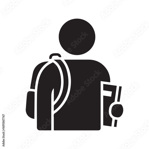 Student with Backpack and Book Glyph Icon, School Pupil Silhouette for Education, Vector Symbol
