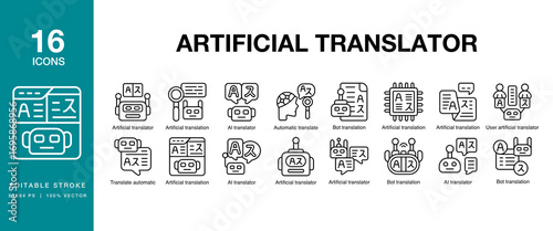Artificial Translator icon set. Includes artificial, communication, intelligence, language, and More. Editable Stroke Icon Collection.