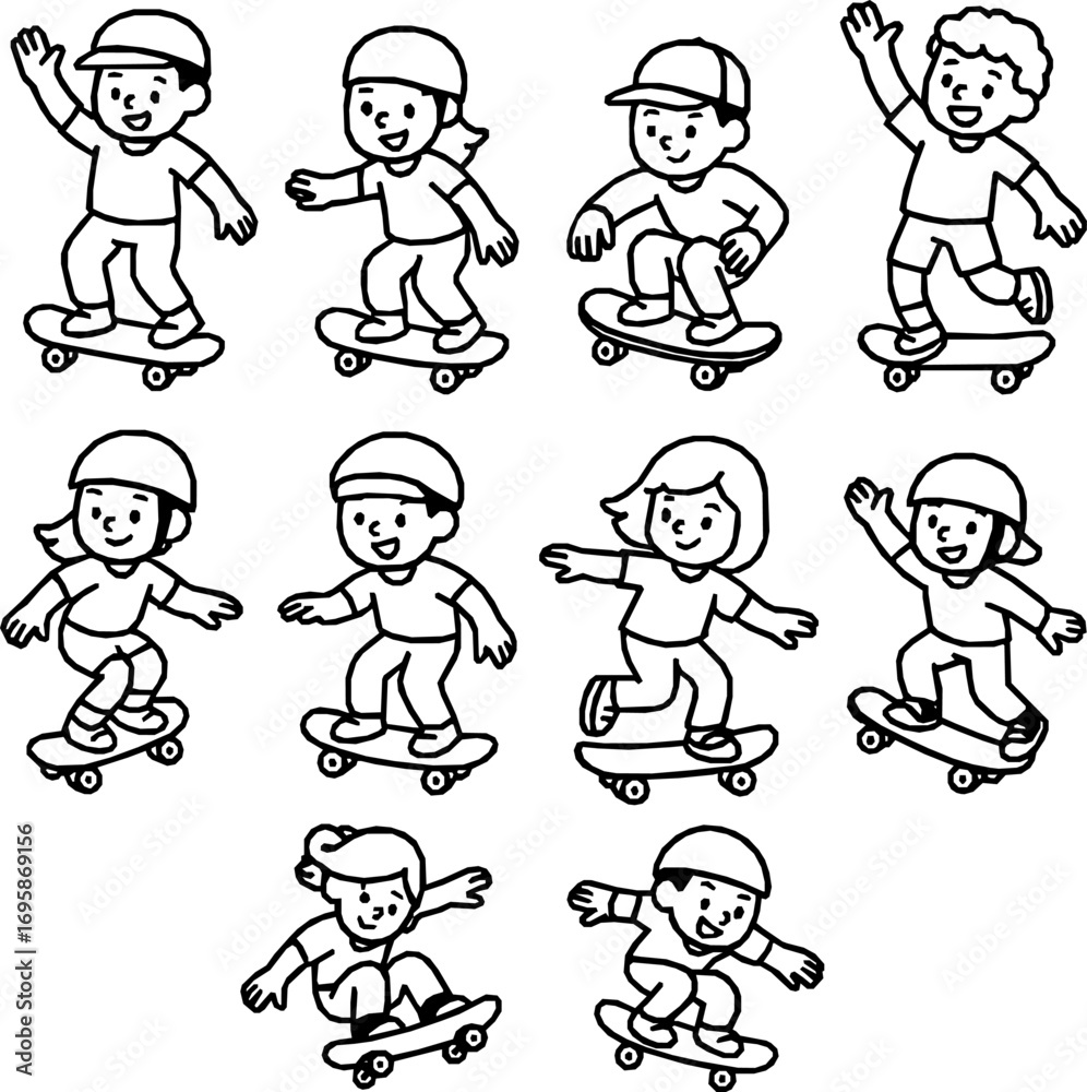 Kids Skateboarding Vector Icon Set – Monoline Style Kids Skateboarding Vector Icon Set – Monoline Style