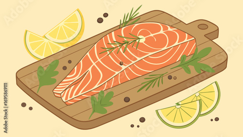 Fresh salmon steak with lemon and herbs on wooden board healthy food illustration