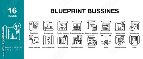 Blueprint Business icon set. Includes blueprint, design, business, construction, plan, and More. Editable Stroke Icon Collection.