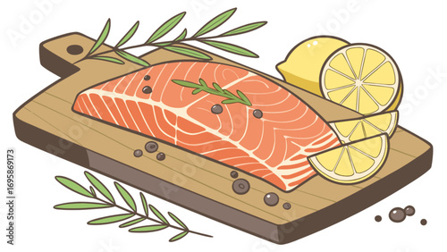 Download salmon fillet with lemon and herbs on wooden board seafood recipe image