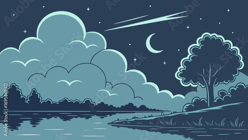 Vector night landscape illustration with moon stars and clouds nature background art