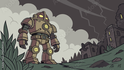 Steampunk robot illustration vintage style retro design with stormy weather background