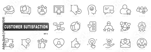 Customer satisfaction line icons covering feedback, reviews, ratings, loyalty, support, surveys, community, trust, quality, mobile chat, editable stroke, approval, guarantee